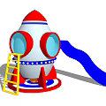 Rocket Shaped Playground Equipment With Blue Slide Yellow Ladder And White Red Decor