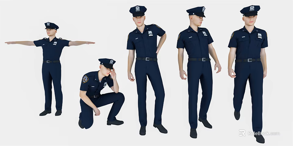 Male Police Officers in Dark Blue Uniforms and Hats with Various Standing and Crouching Poses 3d model 