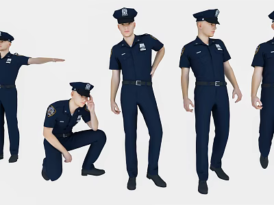 Male Police Officers in Dark Blue Uniforms and Hats with Various Standing and Crouching Poses 3d model