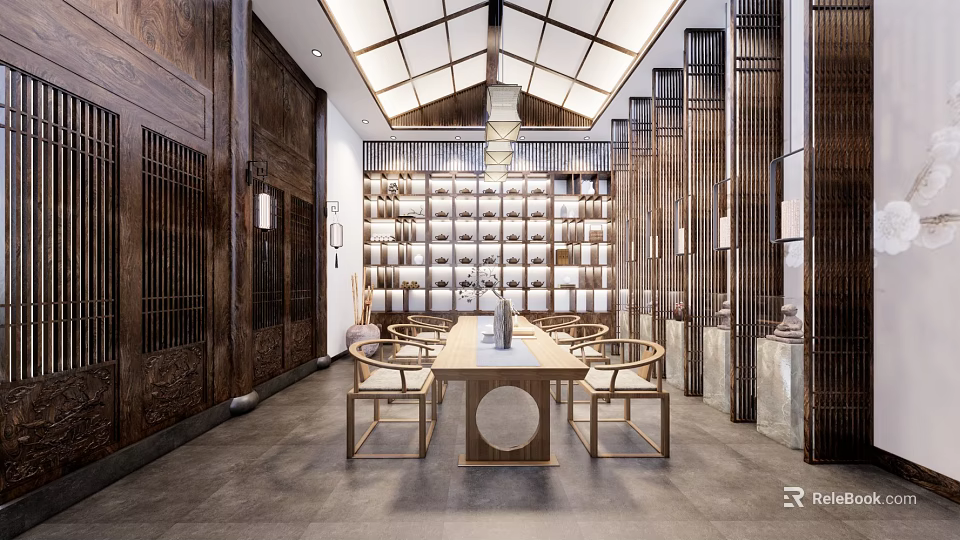 Traditional Tea House Interior Design With Wooden Furniture Lanterns And Tea Shelves 3d model 