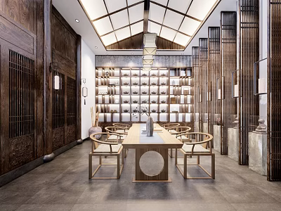 Traditional Tea House Interior Design With Wooden Furniture Lanterns And Tea Shelves 3d model