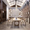 Traditional Tea House Interior Design With Wooden Furniture Lanterns And Tea Shelves
