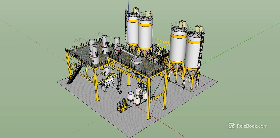 Industrial Equipment System With Large Storage Silos Yellow Steel Frame Platform And Staircase Structure 3d model 