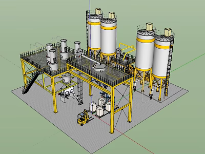 Industrial Equipment System With Large Storage Silos Yellow Steel Frame Platform And Staircase Structure 3d model