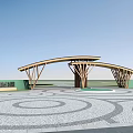 Modern Wooden Arch Entrance Gate In City Ecological Park With Circular Patterned Plaza Floor