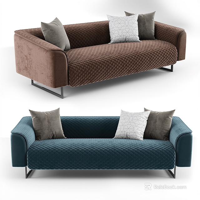 Modern Two Seater Sofa in Brown and Blue with Quilted Texture and Decorative Pillows 3d model 