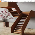 Wooden Stairs With Small Tree Red Flowers In Wooden Planter Against White Wall Wooden Floor