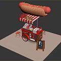 Red Hot Dog Shaped Canopy Cart With Striped Awning Chalkboard Sign And Stool