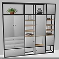 Modern Storage Cabinet With Black Frame White Doors Shelves Potted Plant Vase And Books