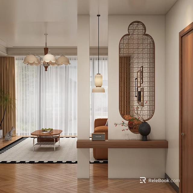 Stylish Entryway Hallway Interior Design With Decorative Mirror Console Table And Chandelier 3d model 