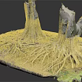 Wooden Stone Tree Stumps With Exposed Roots Green Foliage And Natural Base