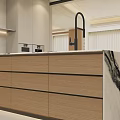 Stylish Modern Beige Kitchen With Built In Appliances Marble Island And Cozy Dining Space