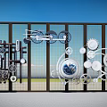 Brand Logo Metal Grid Wall Installation With Gears Mechanical Parts And Globe Design