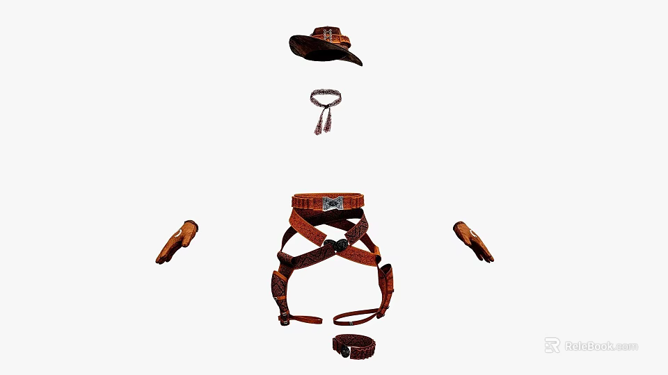 Stylish Western Style Clothes With Brown Hat Leather Belt Gloves And Small Pouch 3d model 
