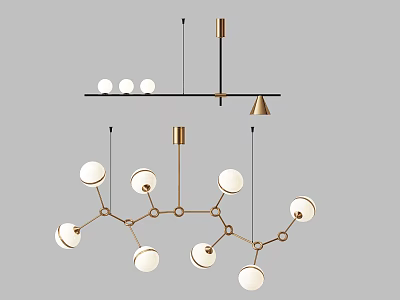 Modern Chandeliers with Gold Metal Frame and White Globe Shades in Linear Branch like Design 3d model