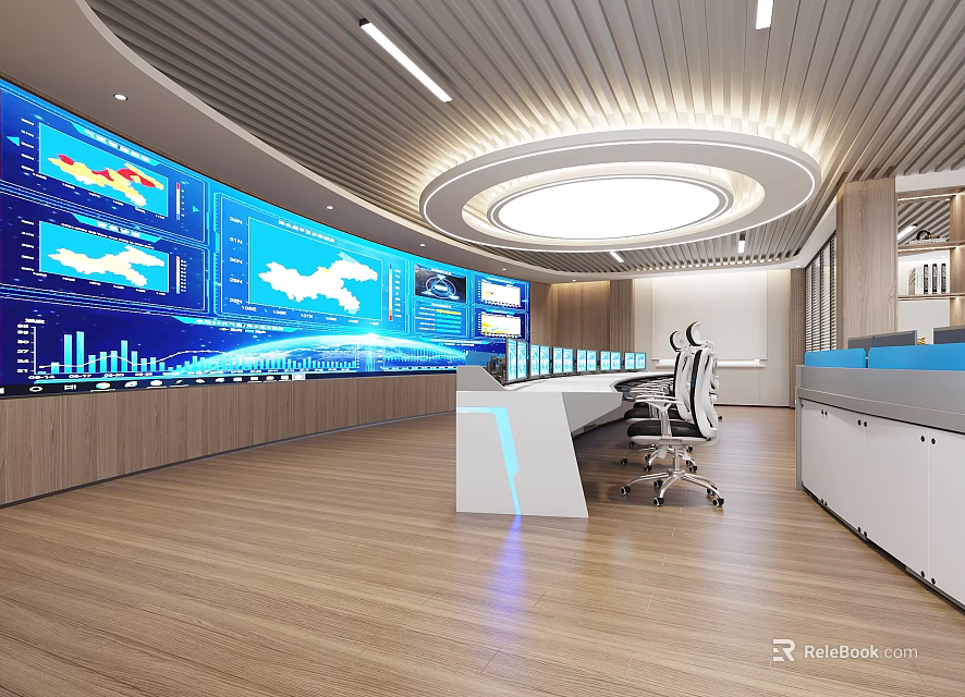 Modern Control Room With Large Screens Displaying Data Charts Control Desk Office Chairs And Lighting 3d model 