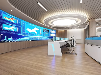 Modern Control Room With Large Screens Displaying Data Charts Control Desk Office Chairs And Lighting 3d model