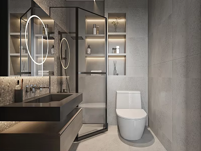 Modern Bathroom Interior Design Featuring Round Illuminated Mirror Glass Shower Enclosure And Gray Tiled Walls 3d model