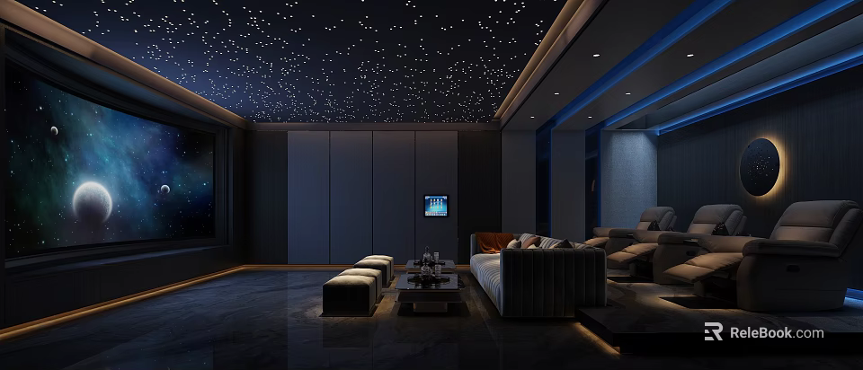 Home Theater Room Setup With Starry Ceiling Dark Walls Comfortable Sofa And TV Screen 3d model 