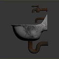 Vintage Rusty Metal Sink Featuring Small Brown Human Figure Sculpture And Battered Surface