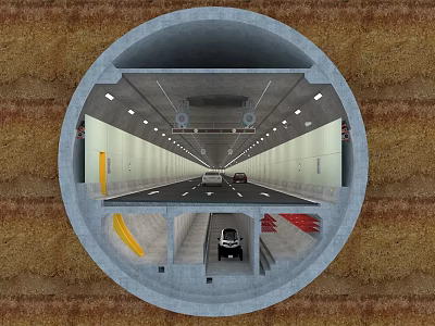 Tunnel Interior Roadway Facilities With Traffic Lanes Lighting And Moving Vehicles 3d model