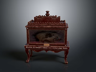 Antique Wooden Display Cabinet With Ornate Carvings And Animal Skull Inside 3d model