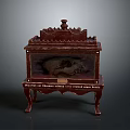 Antique Wooden Display Cabinet With Ornate Carvings And Animal Skull Inside