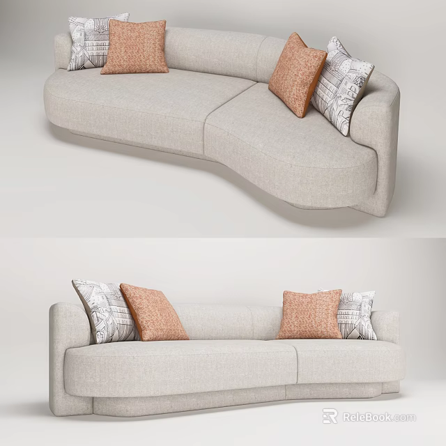 Modern Beige Fabric Sectional Sofa With Orange Patterned Pillows And Curved Design 3d model