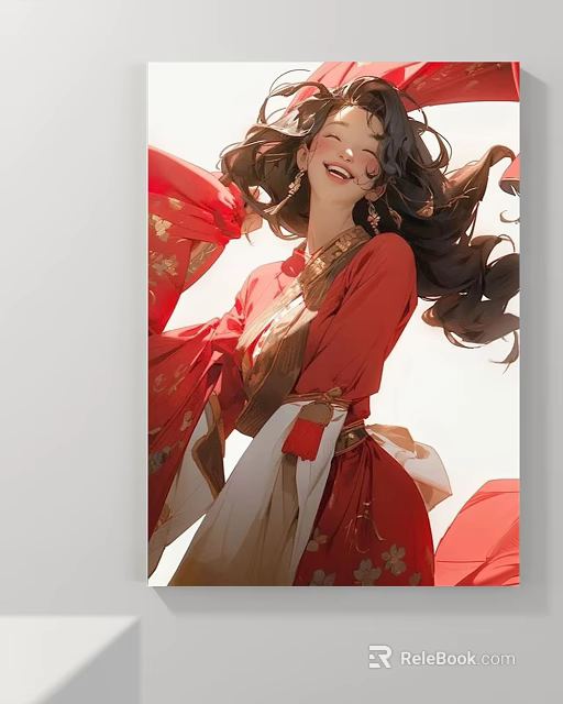Elegant Chinese Figure Painting of Woman in Red Traditional Costume with Flowing Hair and Sleeves 3d model 