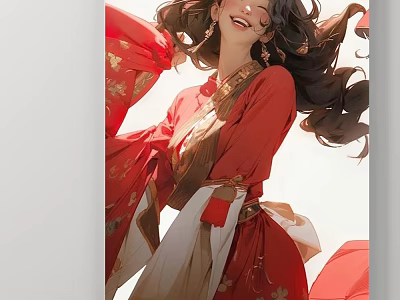 Elegant Chinese Figure Painting of Woman in Red Traditional Costume with Flowing Hair and Sleeves 3d model