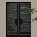 Modern Textured Black Double Doors With Round Metallic Handle And Green Plant