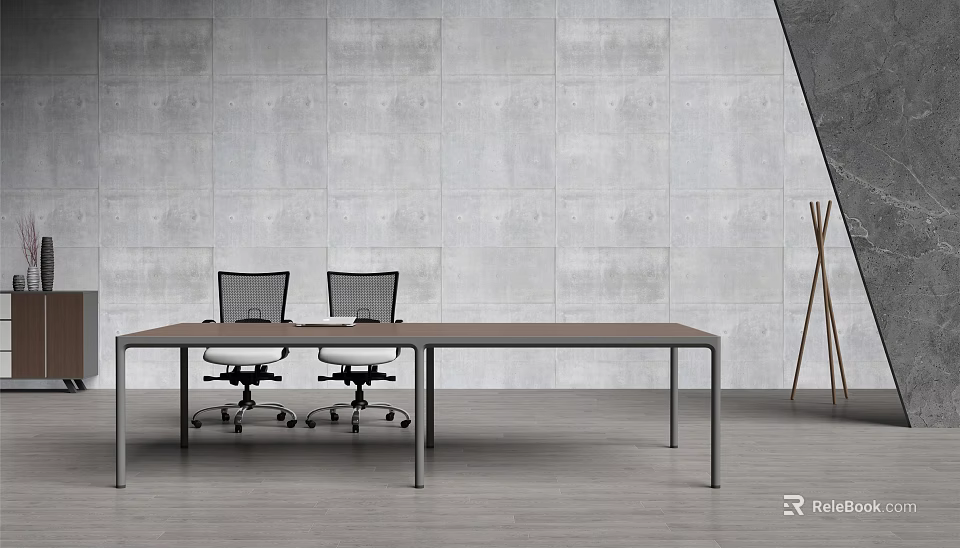 Modern Conference Table with Brown Top Black Legs and Mesh Office Chairs in Gray Concrete 3d model 