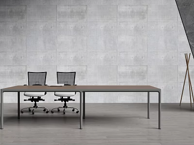 Modern Conference Table with Brown Top Black Legs and Mesh Office Chairs in Gray Concrete 3d model