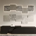 Wall Decor With Marble Texture Square Panels Irregular Arrangement Above Black Console Table Small Ornament