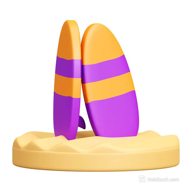 Two Colorful Surfing Sports Equipment With Orange And Purple Stripes On Sand Base 3d model 