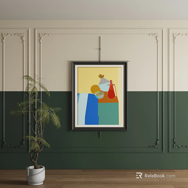 Abstract Painting Hanging on Green and Beige Wall With Ornate Paneling and Potted Plant 3d model 