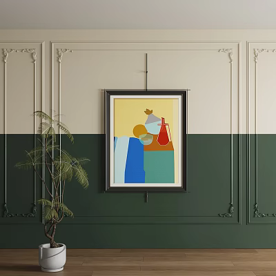 Abstract Painting Hanging on Green and Beige Wall With Ornate Paneling and Potted Plant 3d model