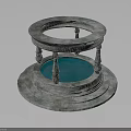 Round Stone Architectural Structure With Central Blue Water Pool And Ornate Pillars