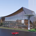 Modern Sales Office Building Featuring Sloped Roof Glass Curtain Wall Swimming Pool And Outdoor Greenery