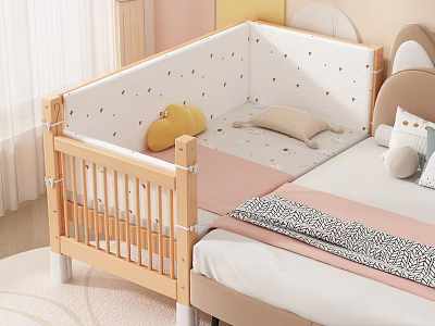 Wooden Kids Bed With White Dotted Guardrail Yellow Cloud Pillow And Beige Pillow Mattress Pad 3d model