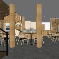 Modern Restaurant Interior With Wooden Columns Tables Chairs Staircase And Gray Floor