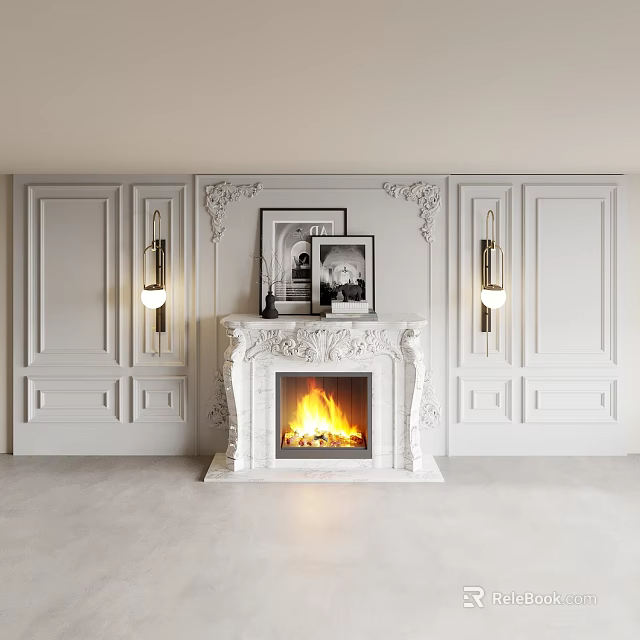 White Decorative Fireplace Interior With Framed Artwork And Wall Sconces Burning Flames 3d model