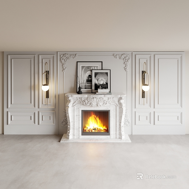 White Decorative Fireplace Interior With Framed Artwork And Wall Sconces Burning Flames 3d model 