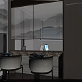 Modern Sales Office Building With Large Glass Windows Outdoor Seating Red Umbrellas And Green Plants