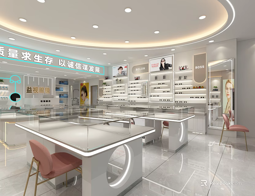Modern Eyewear Store Interior With Glass Counters And Display Shelves 3d model 