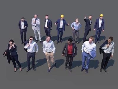 Group of Diverse People in Business Attire and Hard Hats Standing Interacting and Pointing 3d model