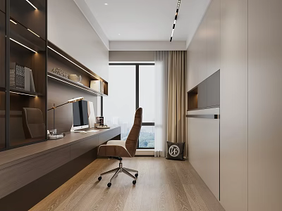 Modern Study Room Interior Design With Long Desk Computer Office Chair And Large Window 3d model