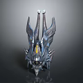 Futuristic Mechanical Weapon Sculpture With Dark Color Wing Like Structures And Detailed Yellow Accents