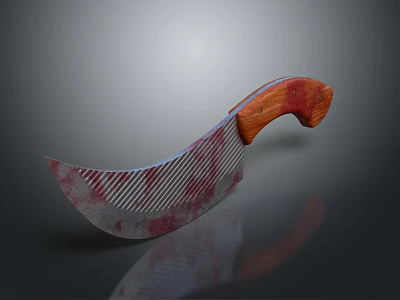 Bloodstained Machete With Striped Blade Wooden Handle And Reflective Surface On Dark Background 3d model