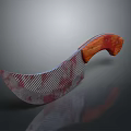 Bloodstained Machete With Striped Blade Wooden Handle And Reflective Surface On Dark Background
